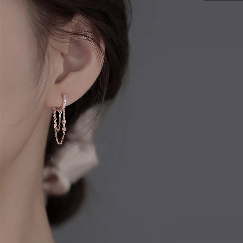 Reffeer 925 Sterling Silver Chain Drop Earrings Hoop for Women Teens CZ Hoop Chain Earrings Dangle - Image 2